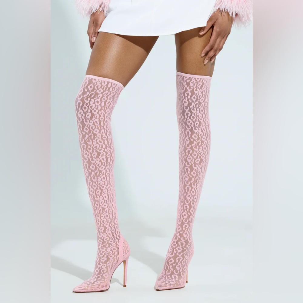 AZALEA WANG Pink Leopard Print Lace Thigh High Boots